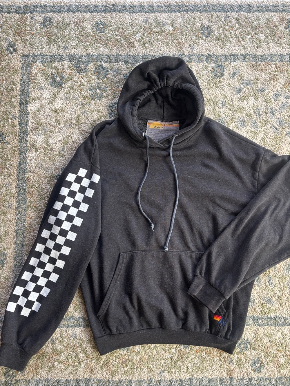 Archive Aviator Nation Black Hoodie with White Checkerboard Sleeve